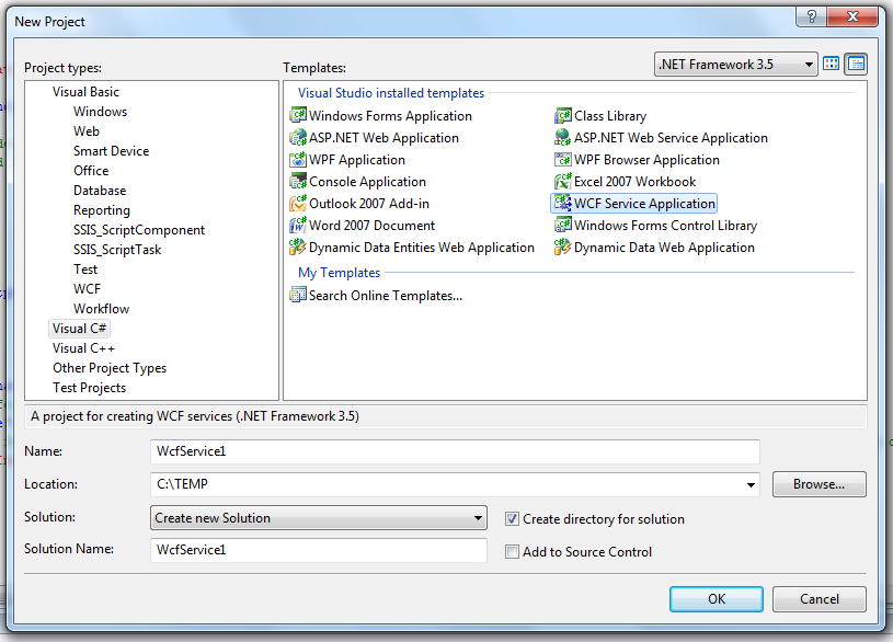 You can select WCF as a project type. Visual Studio will generate a skeleton WCF project.